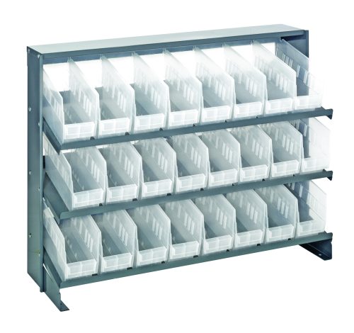 The Quantum Pick Rack is a bench-style, sloped shelving unit measuring 12-1/2L x 36W x 26-1/2H. It features three shelves with a capacity of 250 lbs., includes 24 QSB201 clear bins, and is perfect for organizing small parts or tools.