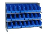 The Quantum Pick Rack is a bench-style, sloped metal shelving unit with three shelves and a 250 lbs. capacity. Measuring 12-1/2L x 36W x 26-1/2H, it includes 24 blue Qsb201 bins, ideal for neatly organizing small items in a workshop or garage setting.