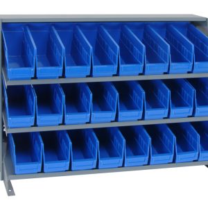The Quantum Pick Rack is a bench-style, sloped metal shelving unit with three shelves and a 250 lbs. capacity. Measuring 12-1/2L x 36W x 26-1/2H, it includes 24 blue Qsb201 bins, ideal for neatly organizing small items in a workshop or garage setting.