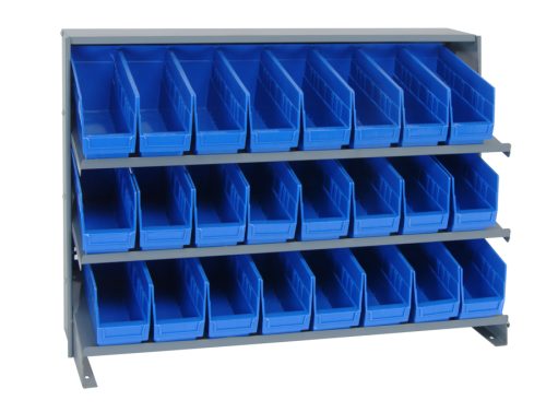 The Quantum Pick Rack is a bench-style, sloped metal shelving unit with three shelves and a 250 lbs. capacity. Measuring 12-1/2L x 36W x 26-1/2H, it includes 24 blue Qsb201 bins, ideal for neatly organizing small items in a workshop or garage setting.