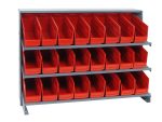 The Quantum Pick Rack features a sloped, bench-style design with 3 shelves and includes 24 QSB201 red bins. It measures 12.5L x 36W x 26.5H and has a capacity of 250 lbs., displayed against a plain white background for easy access to each bin.