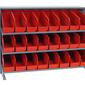 The Quantum Pick Rack features a sloped, bench-style design with 3 shelves and includes 24 QSB201 red bins. It measures 12.5L x 36W x 26.5H and has a capacity of 250 lbs., displayed against a plain white background for easy access to each bin.