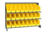 The Quantum Pick Rack, a slopped, bench-style unit measuring 12-1/2L x 36W x 26-1/2H, has a sturdy 250 lbs. capacity. It features (3) shelves with open fronts and includes (24) QSB201 bright yellow storage bins for easy access and efficient organization.