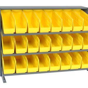 The Quantum Pick Rack, a slopped, bench-style unit measuring 12-1/2L x 36W x 26-1/2H, has a sturdy 250 lbs. capacity. It features (3) shelves with open fronts and includes (24) QSB201 bright yellow storage bins for easy access and efficient organization.