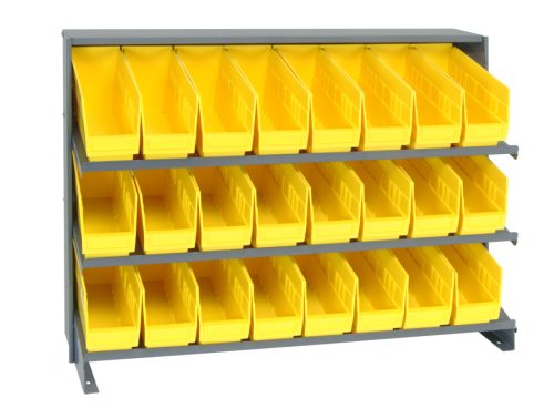 The Quantum Pick Rack, a slopped, bench-style unit measuring 12-1/2L x 36W x 26-1/2H, has a sturdy 250 lbs. capacity. It features (3) shelves with open fronts and includes (24) QSB201 bright yellow storage bins for easy access and efficient organization.