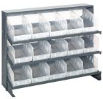 The Quantum Pick Rack is a bench-style, slopped rack with a 12-1/2L x 36W x 26-1/2H design. It has a three-shelf configuration and includes 15 Qsb202 clear bins, offering efficient storage and organization with its metal structure and plain white background, supporting up to 250 lbs.