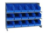 The Quantum Pick Rack features 3 sloped shelves and 15 Qsb202 blue bins, measuring 12-1/2L x 36W x 26-1/2H with a capacity of 250 lbs. Its ideal for neatly organizing and accessing small parts or tools.