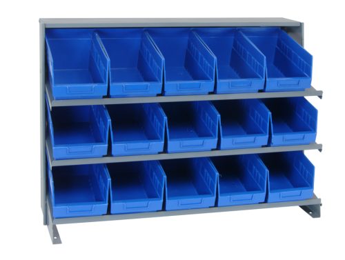 The Quantum Pick Rack features 3 sloped shelves and 15 Qsb202 blue bins, measuring 12-1/2L x 36W x 26-1/2H with a capacity of 250 lbs. Its ideal for neatly organizing and accessing small parts or tools.