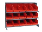 The Quantum Pick Rack is a sloped bench-style storage unit with three shelves, featuring 15 red QSB202 bins and supporting up to 250 lbs, each open-front bin ideal for organizing small items at 12-1/2L x 36W x 26-1/2H.