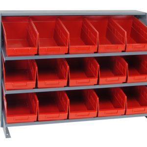 The Quantum Pick Rack is a sloped bench-style storage unit with three shelves, featuring 15 red QSB202 bins and supporting up to 250 lbs, each open-front bin ideal for organizing small items at 12-1/2L x 36W x 26-1/2H.