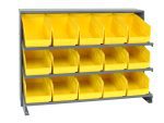The Quantum Pick Rack is a bench-style metal shelving unit with three shelves, each accommodating 15 QSB202 yellow bins. Sloped for easy access and perfectly sized at 12-1/2L x 36W x 26-1/2H, it’s ideal for organizing small items or tools efficiently. Capacity: 250 lbs.
