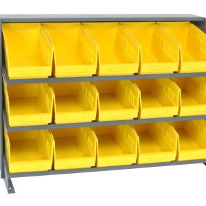 The Quantum Pick Rack is a bench-style metal shelving unit with three shelves, each accommodating 15 QSB202 yellow bins. Sloped for easy access and perfectly sized at 12-1/2L x 36W x 26-1/2H, it’s ideal for organizing small items or tools efficiently. Capacity: 250 lbs.