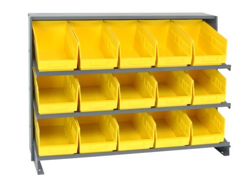 The Quantum Pick Rack is a bench-style metal shelving unit with three shelves, each accommodating 15 QSB202 yellow bins. Sloped for easy access and perfectly sized at 12-1/2L x 36W x 26-1/2H, it’s ideal for organizing small items or tools efficiently. Capacity: 250 lbs.