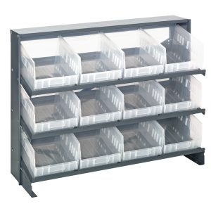 The Quantum Pick Rack is a bench-style, sloped shelving unit measuring 12-1/2L x 36W x 26-1/2H. It features three shelves with a capacity of 250 lbs and includes 15 transparent QSB207 bins for easy access. The sleek structure comes in a dark gray color.