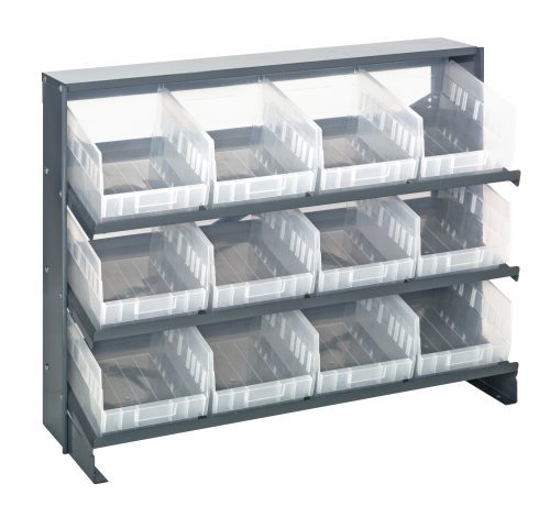 The Quantum Pick Rack is a bench-style, sloped shelving unit measuring 12-1/2L x 36W x 26-1/2H. It features three shelves with a capacity of 250 lbs and includes 15 transparent QSB207 bins for easy access. The sleek structure comes in a dark gray color.
