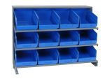 The Quantum Pick Rack, a sloped bench-style unit measuring 12-1/2L x 36W x 26-1/2H, features a 250 lbs. capacity with (3) shelf configurations and includes (12) QSB207 blue bins, perfect for organizing small items efficiently.