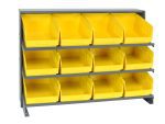 The Quantum Pick Rack, sloped bench style, measures 12-1/2L x 36W x 26-1/2H with a 250 lbs. capacity and features three shelves that hold twelve Qsb207 yellow bins for easy tool or small parts organization.