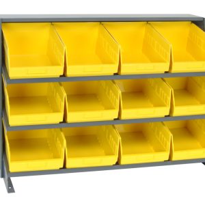 The Quantum Pick Rack, sloped bench style, measures 12-1/2L x 36W x 26-1/2H with a 250 lbs. capacity and features three shelves that hold twelve Qsb207 yellow bins for easy tool or small parts organization.