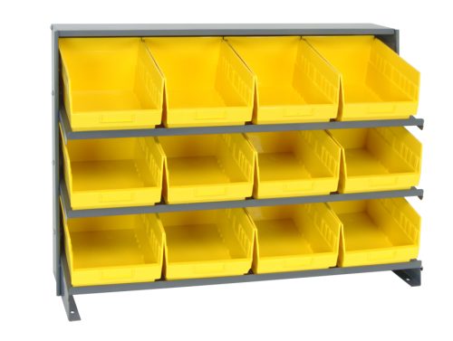The Quantum Pick Rack, sloped bench style, measures 12-1/2L x 36W x 26-1/2H with a 250 lbs. capacity and features three shelves that hold twelve Qsb207 yellow bins for easy tool or small parts organization.