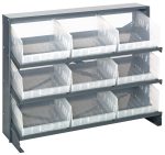The Quantum Pick Rack, sloped bench style, measures 12-1/2L x 36W x 26-1/2H and features a (3) shelves configuration with nine QSB209 clear bins. It supports a total of 250 lbs. and offers a sleek industrial design that enhances any space with functional elegance.