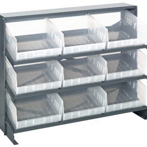 The Quantum Pick Rack, sloped bench style, measures 12-1/2L x 36W x 26-1/2H and features a (3) shelves configuration with nine QSB209 clear bins. It supports a total of 250 lbs. and offers a sleek industrial design that enhances any space with functional elegance.