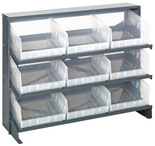 The Quantum Pick Rack, sloped bench style, measures 12-1/2L x 36W x 26-1/2H and features a (3) shelves configuration with nine QSB209 clear bins. It supports a total of 250 lbs. and offers a sleek industrial design that enhances any space with functional elegance.