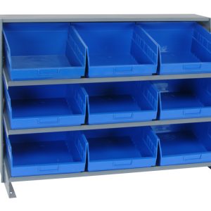 The Quantum Pick Rack, in a bench style with dimensions of 12-1/2L x 36W x 26-1/2H and a capacity of 250 lbs., features three shelves holding nine Qsb209 blue bins. This sloped arrangement allows easy access against a plain white background.
