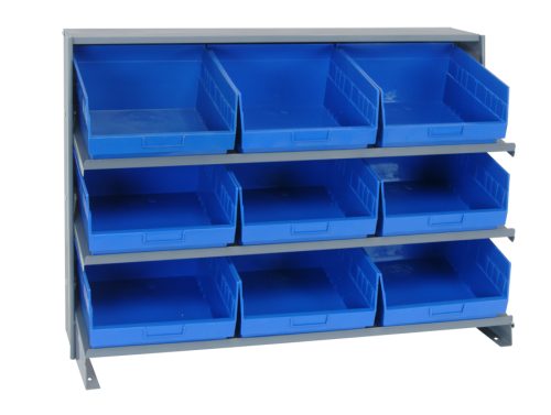 The Quantum Pick Rack, in a bench style with dimensions of 12-1/2L x 36W x 26-1/2H and a capacity of 250 lbs., features three shelves holding nine Qsb209 blue bins. This sloped arrangement allows easy access against a plain white background.
