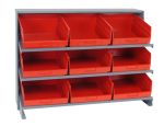 The Quantum Pick Rack is a sloped, bench-style unit measuring 12-1/2L x 36W x 26-1/2H with three shelves and nine open-fronted QSB209 red bins for easy access and organization.