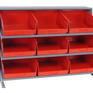 The Quantum Pick Rack is a sloped, bench-style unit measuring 12-1/2L x 36W x 26-1/2H with three shelves and nine open-fronted QSB209 red bins for easy access and organization.