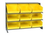 The Quantum Pick Rack, a sloped bench style with a 250 lbs. capacity and dimensions of 12-1/2L x 36W x 26-1/2H, features three shelves and includes nine front-open QSB209 yellow bins for easy content access.