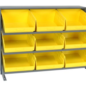The Quantum Pick Rack, a sloped bench style with a 250 lbs. capacity and dimensions of 12-1/2L x 36W x 26-1/2H, features three shelves and includes nine front-open QSB209 yellow bins for easy content access.