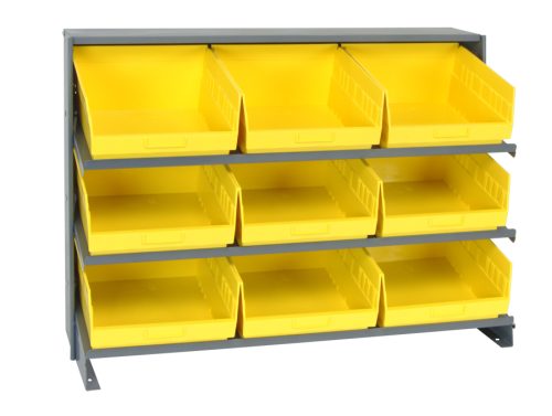 The Quantum Pick Rack, a sloped bench style with a 250 lbs. capacity and dimensions of 12-1/2L x 36W x 26-1/2H, features three shelves and includes nine front-open QSB209 yellow bins for easy content access.