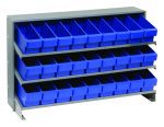 The Quantum Pick Rack, sloped and bench style, measures 12-1/2L x 36W x 23H with three sturdy shelves and a capacity of 250 lbs. It includes 27 blue Qed501 bins, angled forward for easy access, providing durable and efficient space organization.