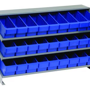 The Quantum Pick Rack, sloped and bench style, measures 12-1/2L x 36W x 23H with three sturdy shelves and a capacity of 250 lbs. It includes 27 blue Qed501 bins, angled forward for easy access, providing durable and efficient space organization.
