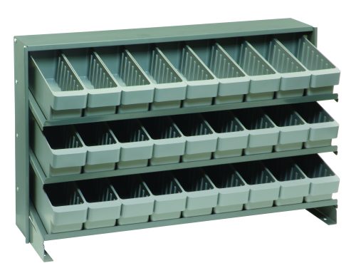 The Quantum Pick Rack is a sloped bench style with 3 shelves, measuring 12-1/2L x 36W x 23H, supporting up to 250 lbs. It includes 27 QED501 gray bins for efficient sorting and storage of small items.