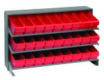 The Quantum Pick Rack is a bench-style organizer with three shelves, measuring 12-1/2L x 36W x 23H. It includes 27 Qed501 red bins and holds up to 250 lbs, perfect for small item organization against a white background.