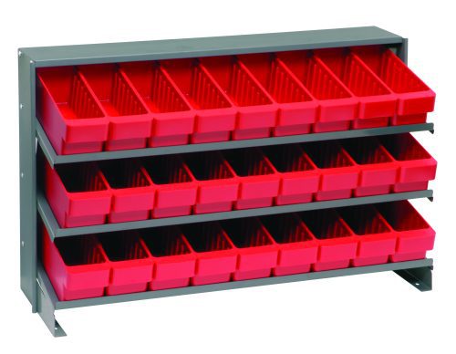 The Quantum Pick Rack is a bench-style organizer with three shelves, measuring 12-1/2L x 36W x 23H. It includes 27 Qed501 red bins and holds up to 250 lbs, perfect for small item organization against a white background.