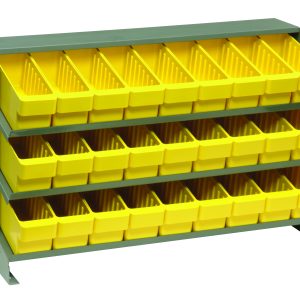 The Quantum Pick Rack is a gray, bench-style storage rack measuring 12-1/2L x 36W x 23H with a capacity of 250 lbs. It features three sloped shelves and includes 27 uniformly sized Qed501 yellow bins for organizing small items in workshops or garages, ensuring easy access and visibility.