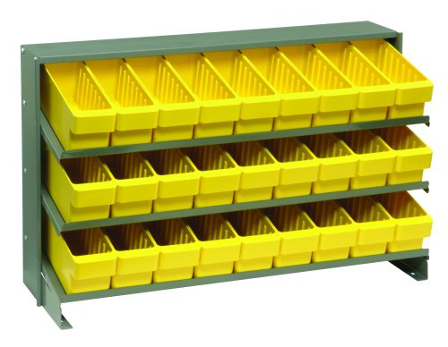 The Quantum Pick Rack is a gray, bench-style storage rack measuring 12-1/2L x 36W x 23H with a capacity of 250 lbs. It features three sloped shelves and includes 27 uniformly sized Qed501 yellow bins for organizing small items in workshops or garages, ensuring easy access and visibility.