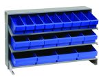 The Quantum Pick Rack is a bench-style, sloped metal shelving unit measuring 12-1/2L x 36W x 23H, with three shelves and includes 27 blue Qed501 bins for organized and easy access storage.