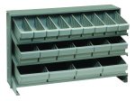 The Quantum Pick Rack is a 12.5L x 36W x 23H bench-style organizer with three shelves—top two sloped for angled bins and one flat for easy sorting. It includes 27 QED501 gray bins and supports up to 250 lbs., ideal for neatly organizing small items.
