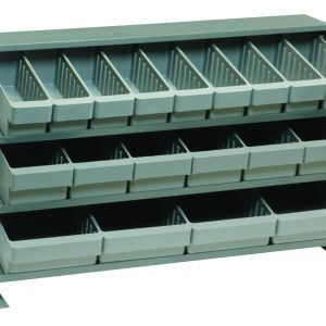The Quantum Pick Rack is a 12.5L x 36W x 23H bench-style organizer with three shelves—top two sloped for angled bins and one flat for easy sorting. It includes 27 QED501 gray bins and supports up to 250 lbs., ideal for neatly organizing small items.