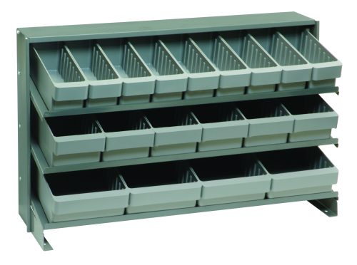 The Quantum Pick Rack is a 12.5L x 36W x 23H bench-style organizer with three shelves—top two sloped for angled bins and one flat for easy sorting. It includes 27 QED501 gray bins and supports up to 250 lbs., ideal for neatly organizing small items.