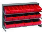 The Quantum Pick Rack features a sloped, bench-style design with three shelves and 27 red Qed501 bins. Its dimensions are 12-1/2L x 36W x 23H, offering efficient storage for small items on a sturdy gray metal frame with a capacity of 250 lbs.