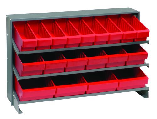 The Quantum Pick Rack features a sloped, bench-style design with three shelves and 27 red Qed501 bins. Its dimensions are 12-1/2L x 36W x 23H, offering efficient storage for small items on a sturdy gray metal frame with a capacity of 250 lbs.