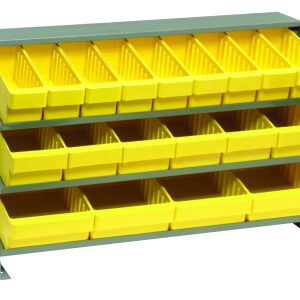 The Quantum Pick Rack features a metal storage frame with three shelves, each 12-1/2L x 36W x 23H. It includes 27 QED501 yellow bins, arranged in a grid pattern ideal for organizing small items. The rack has a capacity of 250 lbs.
