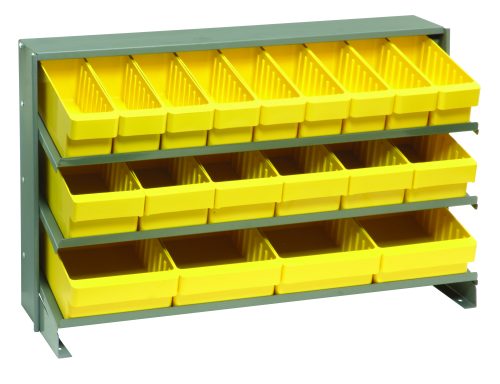 The Quantum Pick Rack features a metal storage frame with three shelves, each 12-1/2L x 36W x 23H. It includes 27 QED501 yellow bins, arranged in a grid pattern ideal for organizing small items. The rack has a capacity of 250 lbs.
