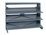 The Quantum Pick Rack is a gray metal, sloped bench-style shoe rack with three shelves, perfect for home or office organization. Its minimalist open design supports up to 250 lbs., though bins are not included.