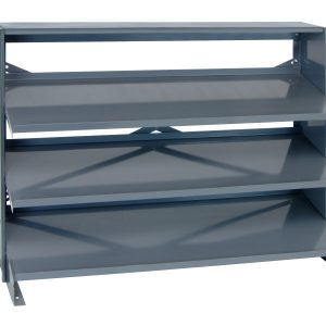 The Quantum Pick Rack is a gray metal, sloped bench-style shoe rack with three shelves, perfect for home or office organization. Its minimalist open design supports up to 250 lbs., though bins are not included.